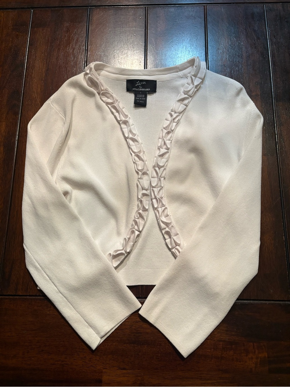 Nina Leonard white ruffle coquette crop cardigan sweater size L